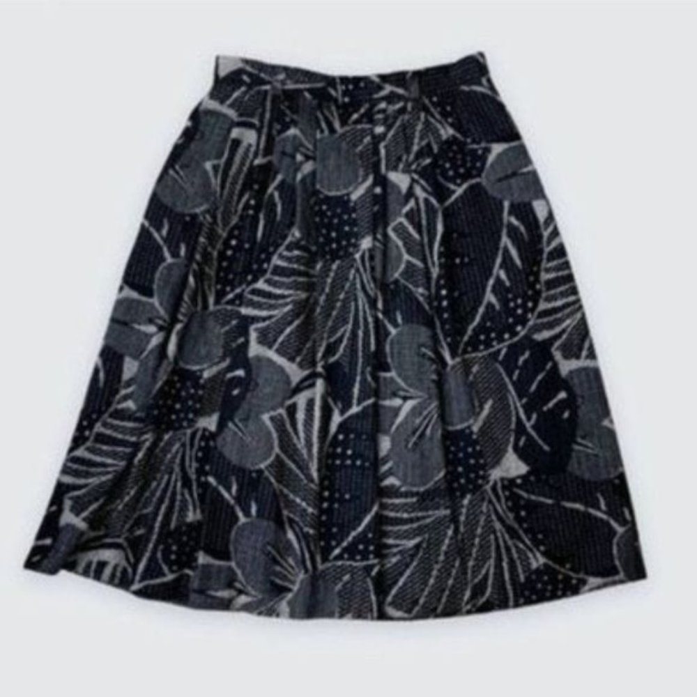Vintage 100% Wool Pleated Dark Floral High Waisted Tailored Midi Skirt Large